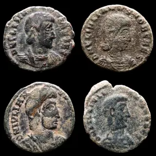 Romeinse Rijk. Julian II Apostata (360-363 n.Chr.). Kavel bestaande uit vier munten, de helft Maiorina,FEL TEMP REPARATIO Roman soldier spearing fallen enemy horseman.