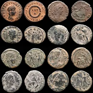 Romeinse Rijk. Kavel bestaande uit 8 AE-munten: Antoninianus, Follis en Maiorinas: Constantine II, Gratian, Claudius II, Constantius II (3), Constans (2).