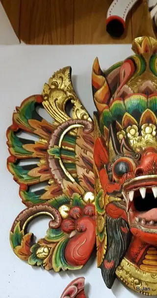 Groot Muurmasker - 75 cm (1) - Goud, Hout, verf - Barong - Bali, Indonesië
