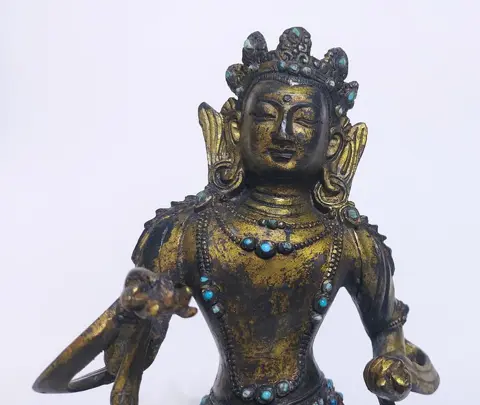 Standbeeld, Juwelen - Turquoise, Verguld brons - Boeddha, Vajrasattva - རྡོ་རྗེ་སེམས་དཔའ་ - Tibet - Midden 20e eeuw