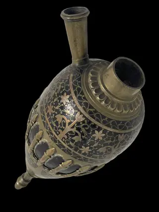 GEEN RESERVE ZELDZAAM Indisch India XIXE EEUW WATERPIJP Waterpijp shisha in kokosnoot en - Brons, Cloisonné emaille - Malabar coast - India - 19e eeuw