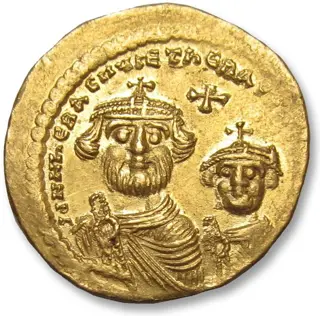 Byzantijnse Rijk. Heraclius with Heraclius Constantine. Goud Solidus,Constantinople mint circa 613-625 A.D.- 5th officina (Є) -