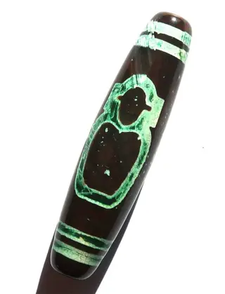 Tibetaans amulet - Mammon Dzi (god van rijkdom) - Agaat, Groene Tara - Welvaart en Geluk - Azië - Eind 20e eeuw
