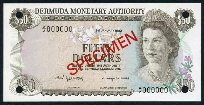 Bermuda - 1, 5, 10, 20, 50 and 100 Dollars - Various dates - All SPECIMEN's - Pick 28bs, 29bs, 30bs, 31cs, 32bs, 33bs