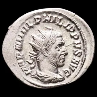 Romeinse Rijk. Philip I (244-249 n.Chr.). AR Antoninianus,Rome - ROMAE AETERNAE, Roma seated left, holding Victory and sceptre; at her side, shield.