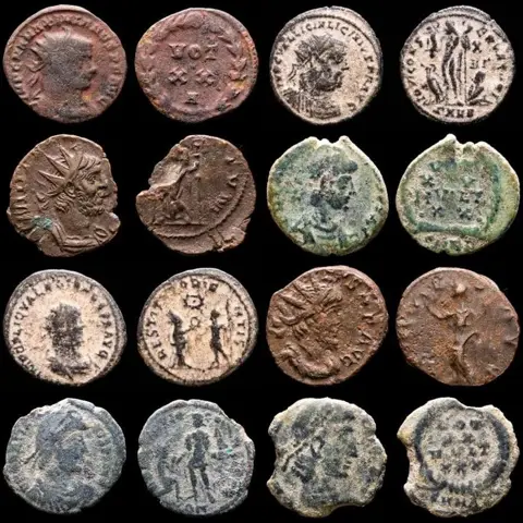 Romeinse Rijk. Kavel bestaande uit 8 AE-munten: Antoninianus, Follis en Maiorinas: Tetricus, Victorinus, Valerian, Maximianus, Licinius, Constantius II (2), Gratianus.
