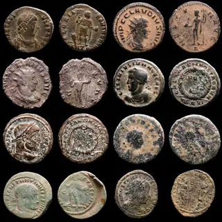 Romeinse Rijk. Kavel bestaande uit 8 AE-munten: Antoninianus, Follis en Maiorinas: Arcadius, Claudius II, Gallienus, Licinius, Constantine I (2), Constantius II.