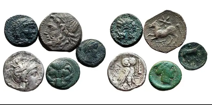 Griekenland (Magna Graecia). Lot x 5 coins: Bruttium, Rhegion; Calabria, Tarentum; Sicily, Gela and Nakone; Apulia, Arpi,4th-2nd century BC