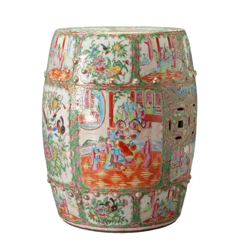 Een grote tuinzetel (1) - Familie rose, Kanton - Porselein - Figure, bloemen en vlinders - China - 19e eeuw