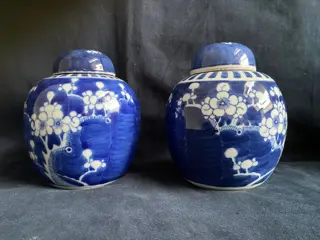 Gemberpotten (2) - Blauw en wit - Porselein - Prunus - China - 20e eeuw