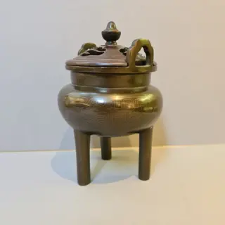 Wierookvat (2) - Brons - A Chinese silver inlaid bronze censer, Shi Shou mark, 19th. century - China - Qing Dynastie (1644-1911)