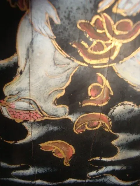 Paneel (1) - Floraal, traditionele leer - Hout, gouache polychroom goud - Kinderen, wijze vleermuis rivier - China - Eerste helft 20e eeuw