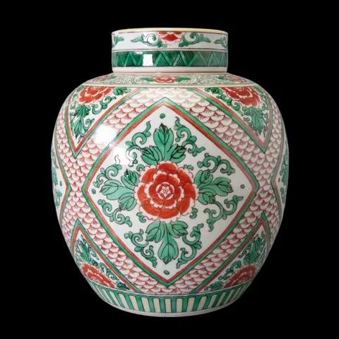 Een paar dekselpotten - gemerkt met dubbele ring (2) - Familie verte - Porselein - Bloemen in vakken - China - 19e eeuw