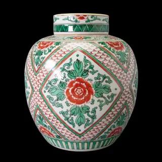 Een paar dekselpotten - gemerkt met dubbele ring (2) - Familie verte - Porselein - Bloemen in vakken - China - 19e eeuw