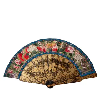 Waaier (1) - Kanton - gelakt hout en beschilderd papier - Figuren in een met hekwerk afgezette tuin - China - 19e eeuw