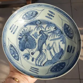 Schotel - Blauw en wit - Porselein - Feniks - MING, Fin du 16ème siècle, Kintsugi - China - Wanli (1573-1619)