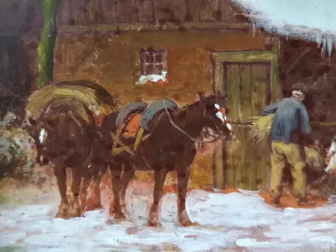 Klaas van Vliet (1841-1917) Attrib.to - Het optuigen van de paarden op een winterse dag