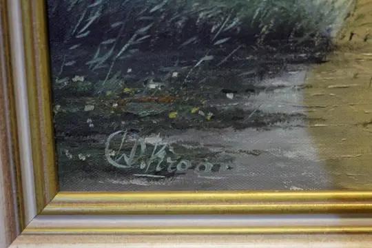 Willem Kroon (1946-2001) - Ondergaande zon bij boerenerf.