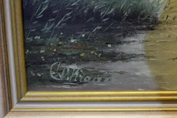 Willem Kroon (1946-2001) - Ondergaande zon bij boerenerf.