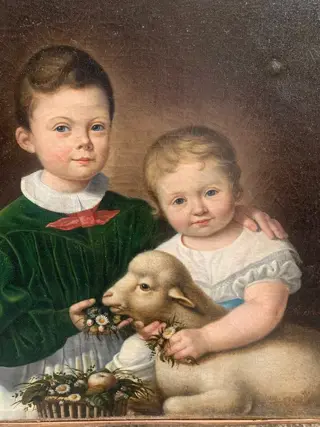European School (XIX) - Double Portrait of Children with a small Lamb