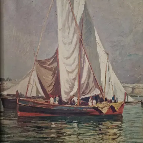 Scuola italiana (XIX), firmato Pasini - Marina di Napoli con barche e pescatori