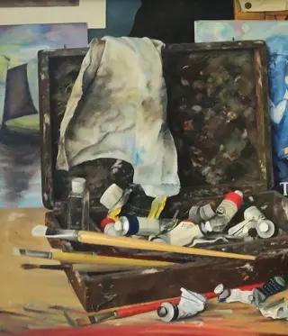 André Verhelst (1947) - Stilleven met verf, penselen en schilderskistje