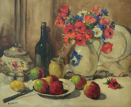 P. Lanou (XX) - Impressionistisch stilleven met appels, bloemen en fles wijn