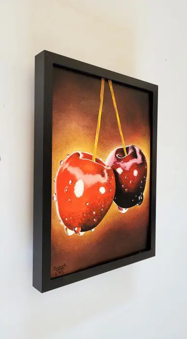 Hollandse school (XXI) - Stilleven met twee rode kersen met waterdruppels