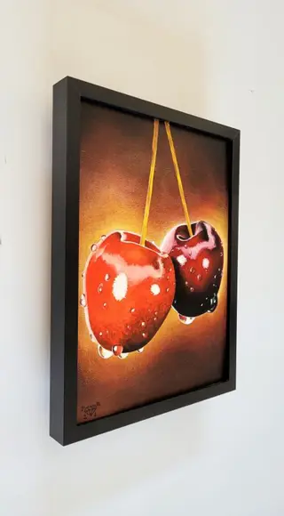 Hollandse school (XXI) - Stilleven met twee rode kersen met waterdruppels