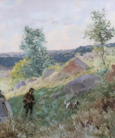 Théophile Meunier (?-1884) - Landscape with hunter and dog (Vaux-de-Cernay?)