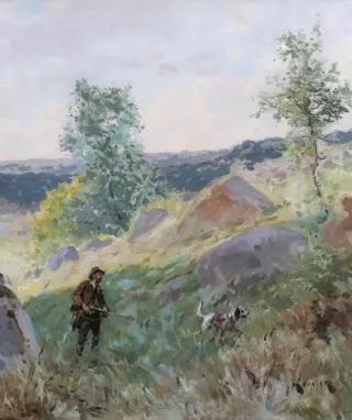 Théophile Meunier (?-1884) - Landscape with hunter and dog (Vaux-de-Cernay?)