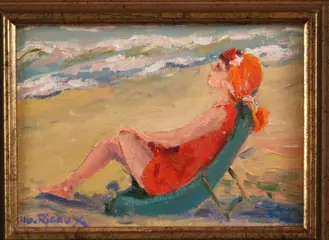 Albert Rigaux (20 XX) - Dame in strandstoel aan zee