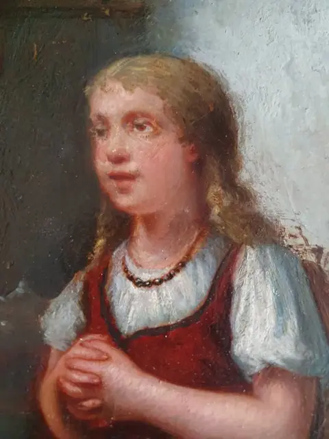 J.H. Otterbeek (1839-1902) - Jong meisje in een interieur getileld " Gebed voor de maaltijd "