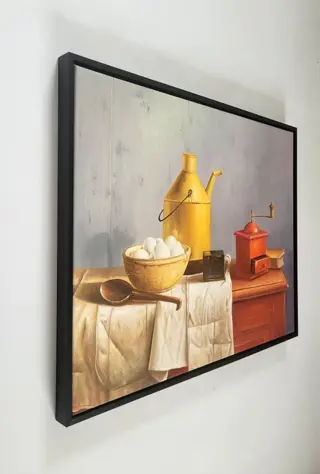 A. vd Ven (XXI) - Stilleven met gele kan, koffiemolen en schaal met eieren