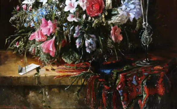 Henri May (XIX) - Bouquet of flowers with glass