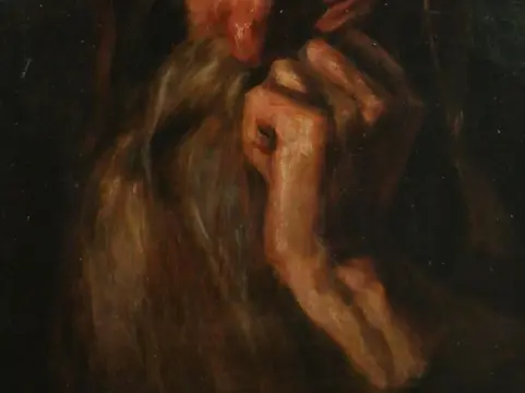 French School circa 1870 - Portrait of a pensive bearded man with a leather headdress