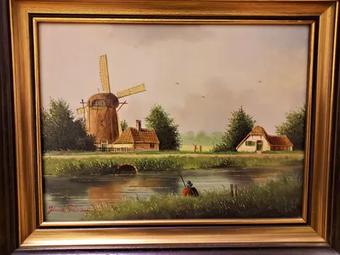 Johannes Eerdmans (1950) - Hollands landschap met molen en visser