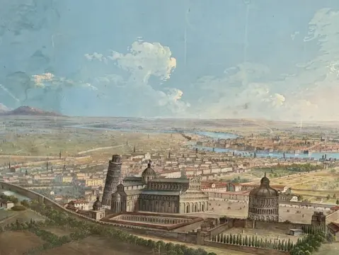 Scuola italiana (XIX-XX) - Pisa, veduta a volo d’uccello con il Campo dei Miracoli e la Torre pendente