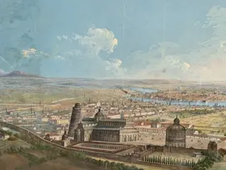 Scuola italiana (XIX-XX) - Pisa, veduta a volo d’uccello con il Campo dei Miracoli e la Torre pendente