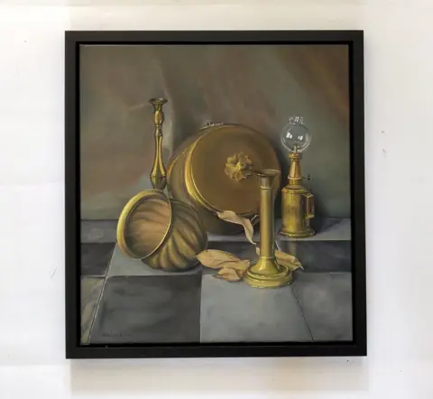 André Verhelst (1947) - Stilleven met koperen kaars standaarden, gaslamp en bord