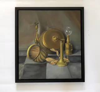 André Verhelst (1947) - Stilleven met koperen kaars standaarden, gaslamp en bord