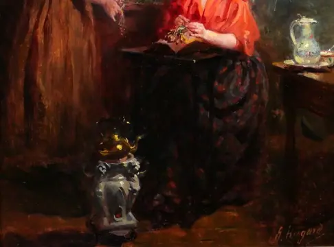 Claude Salvator Hugard (1861 -?) - Dutch lacemakers, evening effect