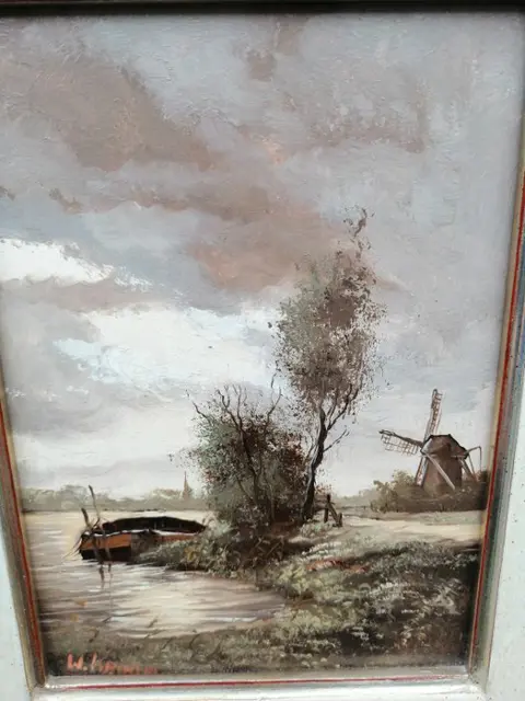 Willem Kroon (1946-2001) - Boot in Hollandse rivieren met oude Hollandse molen