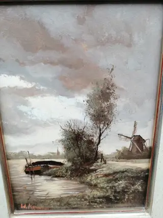 Willem Kroon (1946-2001) - Boot in Hollandse rivieren met oude Hollandse molen