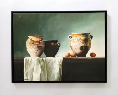 A vd Ven (XXI) - Stilleven met Franse confit potten, eieren en doek