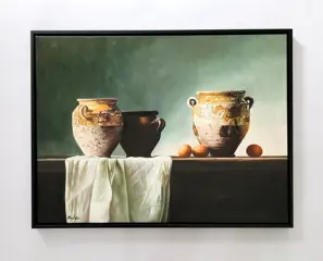 A vd Ven (XXI) - Stilleven met Franse confit potten, eieren en doek