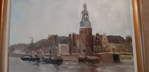 Jan Kelderman (1914-1990) - Montelbaanstoren Amsterdam met boten