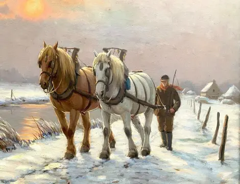 Albert Caullet (1875-1950) - Trekschuitjagers in de sneeuw