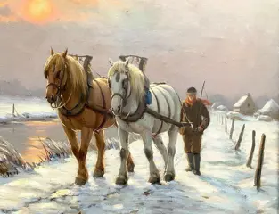 Albert Caullet (1875-1950) - Trekschuitjagers in de sneeuw