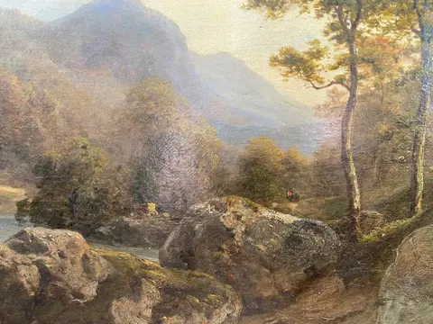 Georg Emil Libert (1820-1908), Attributed to - Paesaggio Tirolese con Castello Fiume e Viandanti